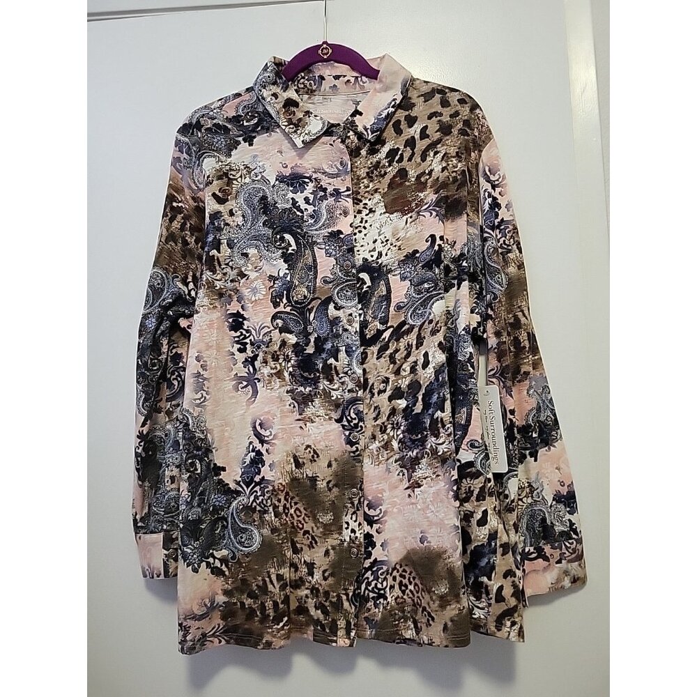 Soft Surroundings Heavenly Soft Wild Side Button Up Top Paisley Cheetah 2X NWT